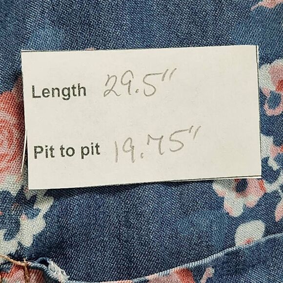 Cato Blue and Pink Floral Chambray Button Down Tunic Shirt Size Medium - Picture 10 of 10